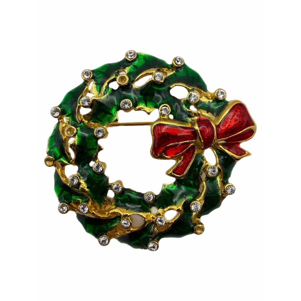 Vintage Christmas Wreath Brooch Gold Tone Green Red Enamel Rhinestone Holiday